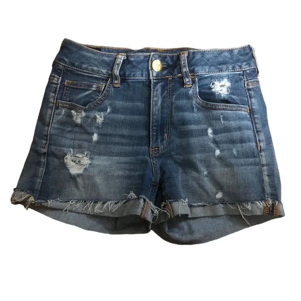 AMERICAN EAGLE Sz 4 Women's "Hi-Rise Shorties" Lighter Wash Denim Jeans Shorts
